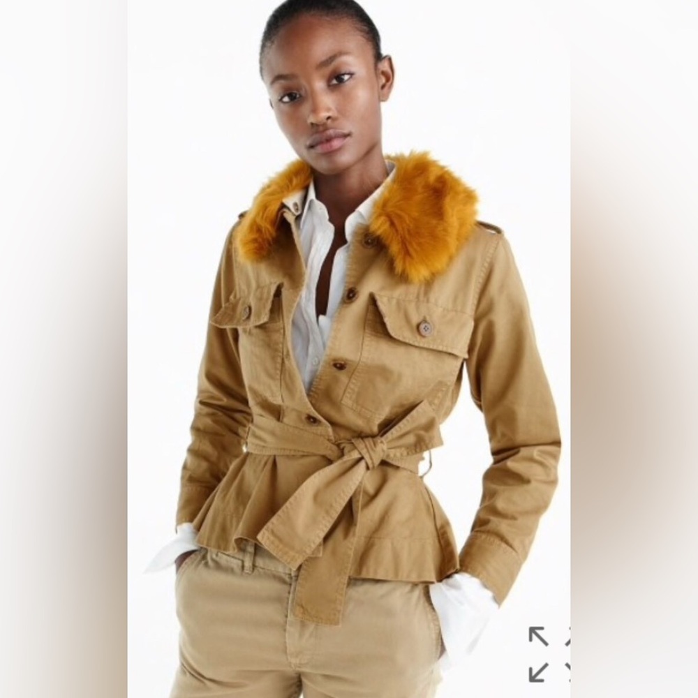 J CREW Khaki Peplum Chino Jacket With Removable Faux Fur Collar - Picture 7 of 8